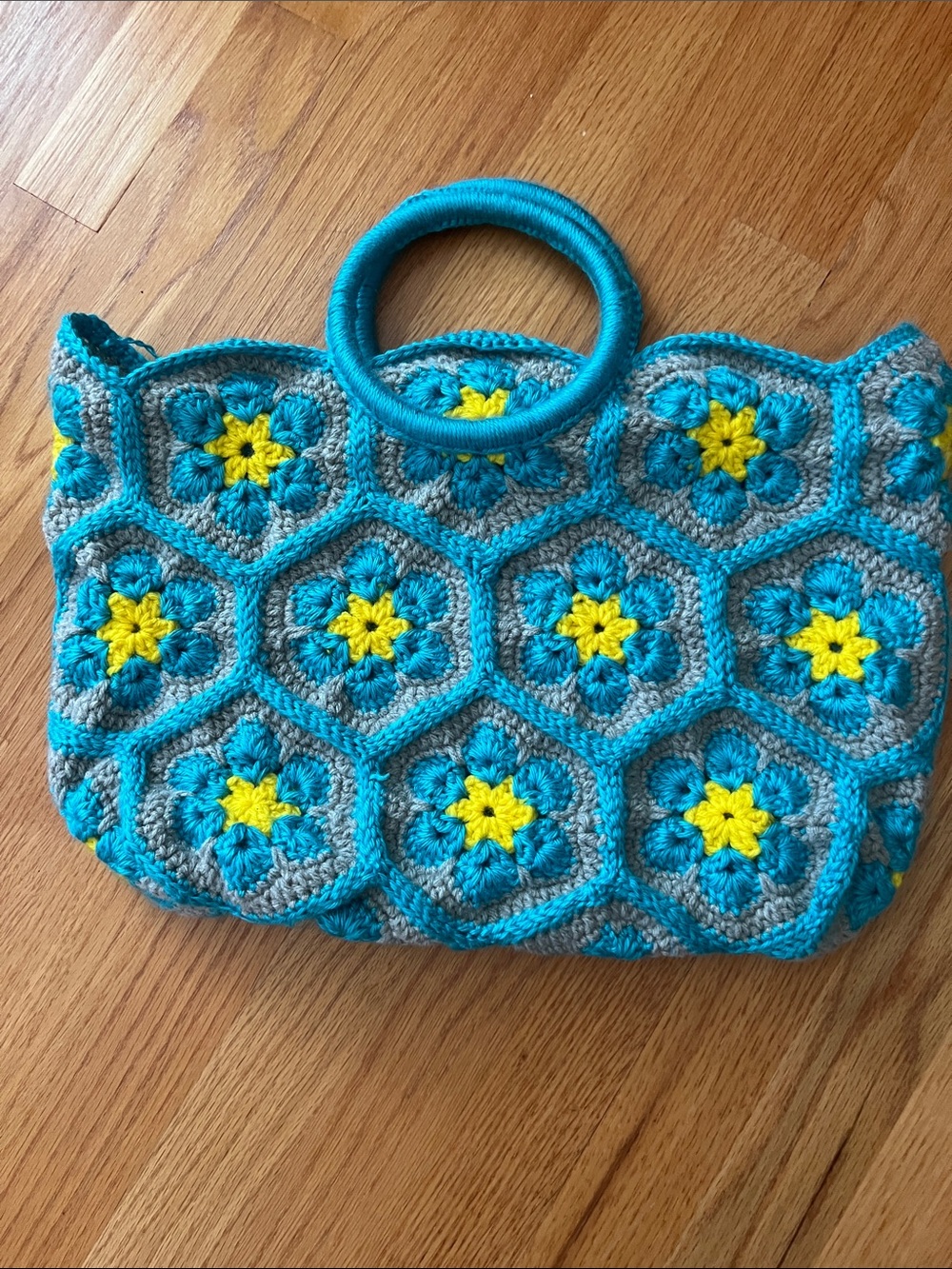 Handmade Crochet Hexagon Tote Bag - Turquoise, Gray & Yellow